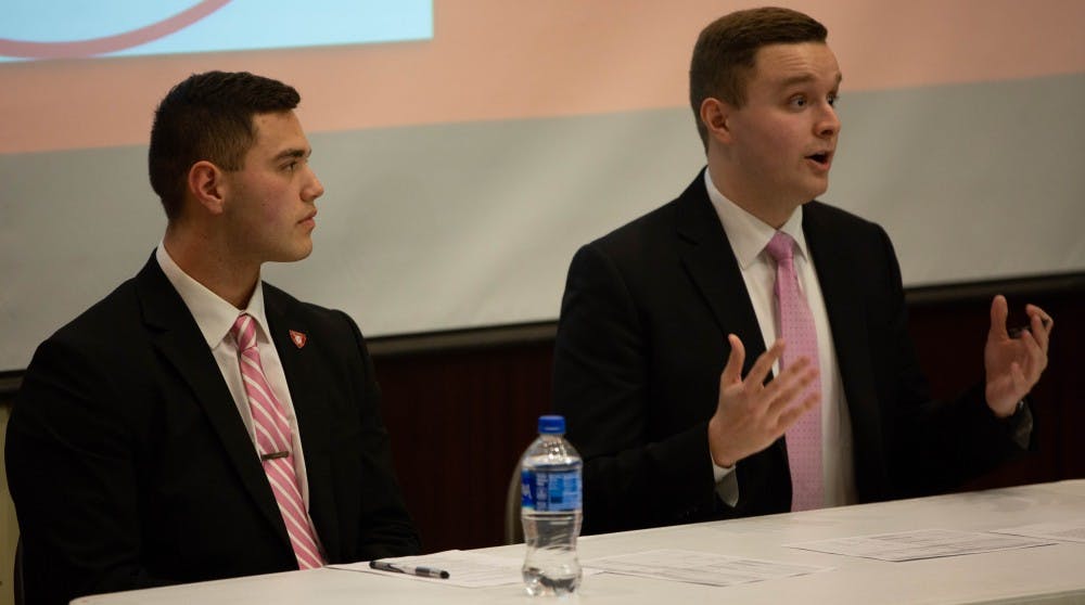 Aiden Medellin, presidential candidate of Elevate and Cameron DeBlasio, vice presdential candidate of Elevate, speak at the Presidential and Vice Presidential Debate Feb. 14, 2019 in the Art and Journalism Building. Elevate was one of three slates nominated for the 2019 Student Government Association Election. Scott Fleener, DN