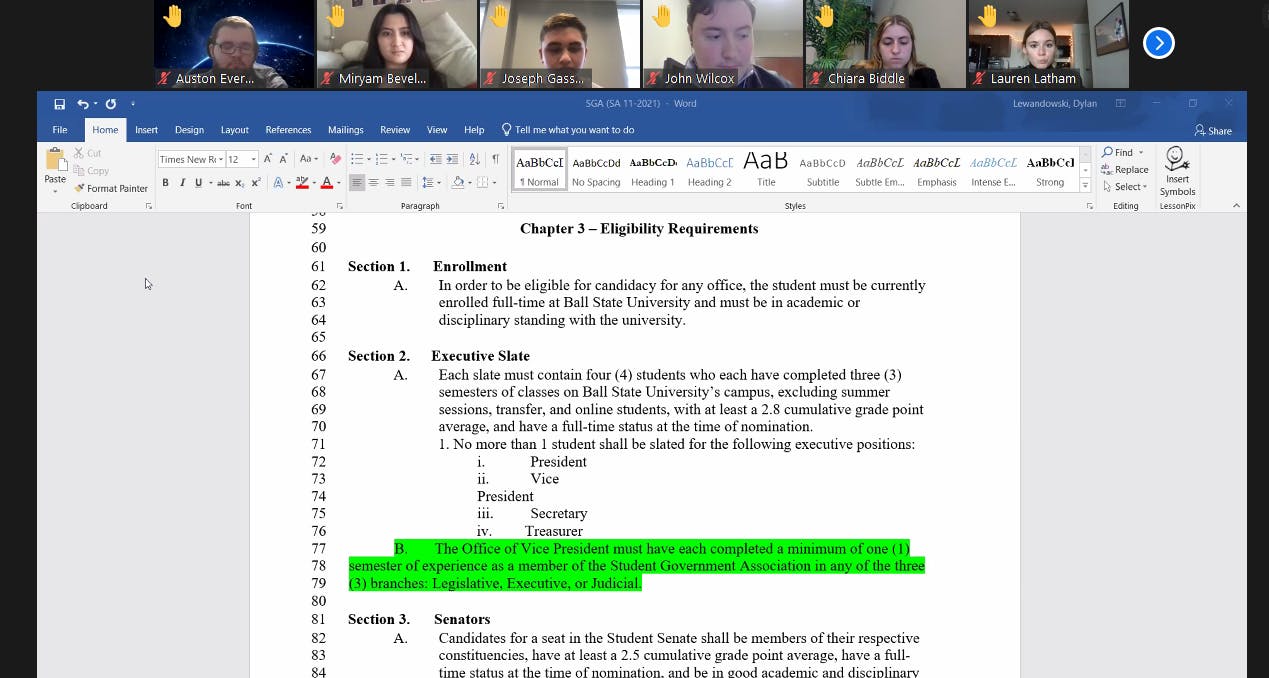 Ball State SGA senators debate the amendment regarding eligibility requirements for president and vice president candidates at the Feb. 10 Zoom meeting. The amendment failed 6-25, with four abstentions. Maya Wilkins, Screenshot Capture