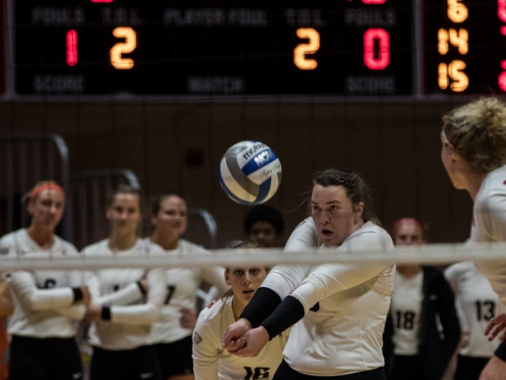 Defensive specialist Cathryn Starck returns a serve in John E. Worthen Arena Oct. 12, 2018, at the Ball State Women’s Volleyball game against Ohio. The Cardinals' victory over the Bobcats improved their conference record to 6-1. Eric Pritchett, DN File