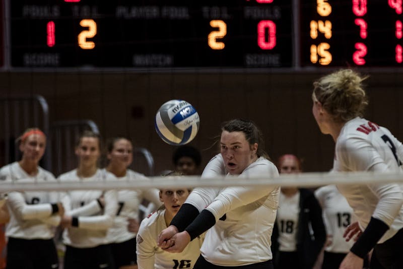 Defensive specialist Cathryn Starck returns a serve in John E. Worthen Arena Oct. 12, 2018, at the Ball State Women’s Volleyball game against Ohio. The Cardinals' victory over the Bobcats improved their conference record to 6-1. Eric Pritchett, DN File