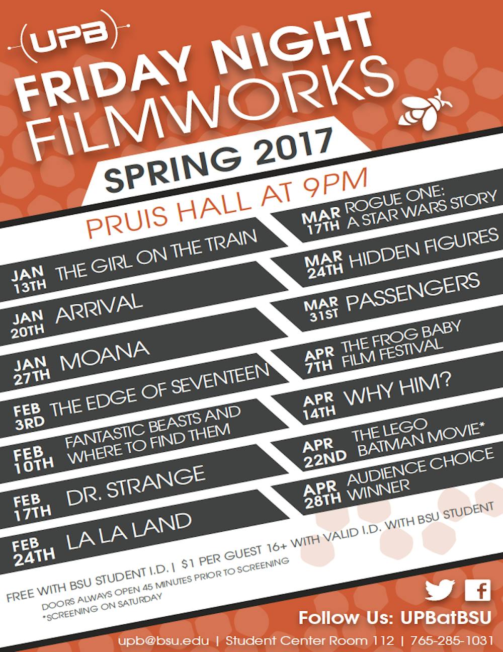 <p>The University Program Board will host a new lineup of movies to be shown in Pruis Hall each week this spring. The films, shown on Fridays at 9 p.m., are free for students and $1 for guests.&nbsp;<em>Scott Carrico</em> // <i style="background-color: initial;">Photo Provided</i></p><p></p>
