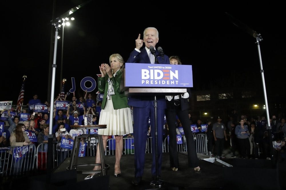 <p>Democratic presidential candidate former Vice President Joe Biden speaks, next to his wife Jill during a primary election night rally Tuesday, March 3, 2020, in Los Angeles. <strong>(AP Photo/Marcio Jose Sanchez)</strong></p>