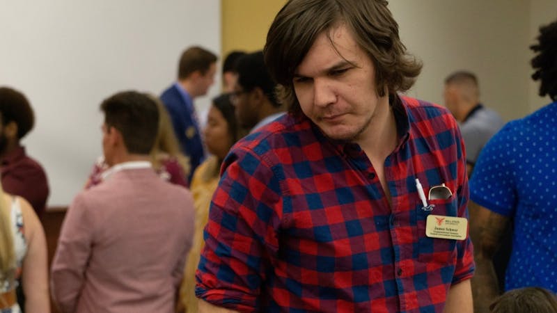 James Schwer, a Student Government Association (SGA) senator meets with his caucus Sept. 4, 2019, at the SGA meeting held at David Letterman Communication and Media Building. Schwer was one of the SGA senators who opposed the abstention resolution which was passed at the meeting. John Lynch, DN