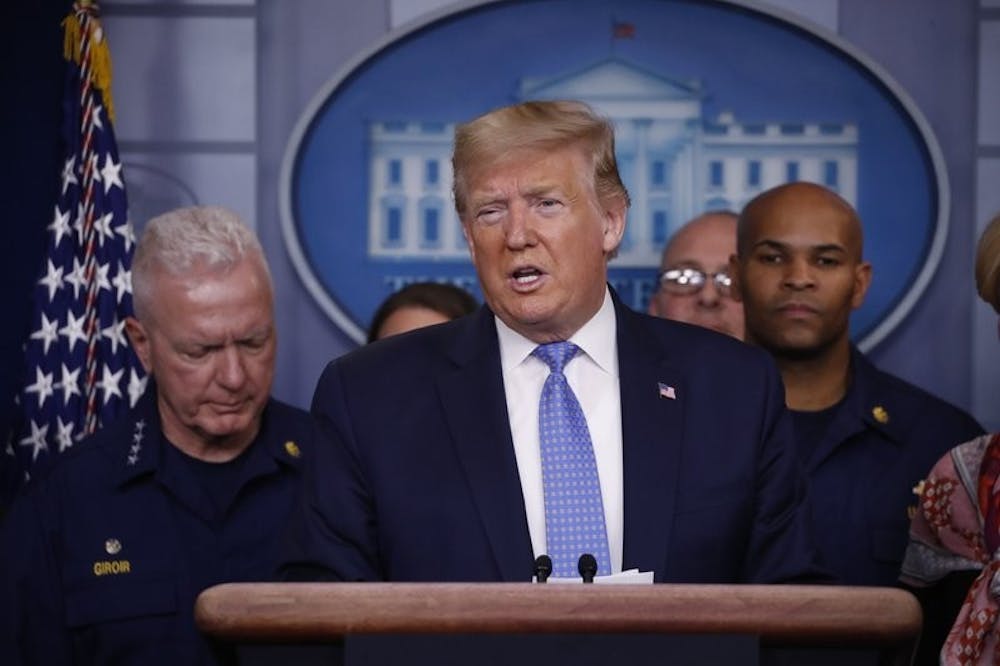<p>President Donald Trump speaks during a briefing about the coronavirus in the James Brady Press Briefing Room of the White House, Sunday, March 15, 2020, in Washington. <strong>(AP Photo/Alex Brandon)</strong></p>