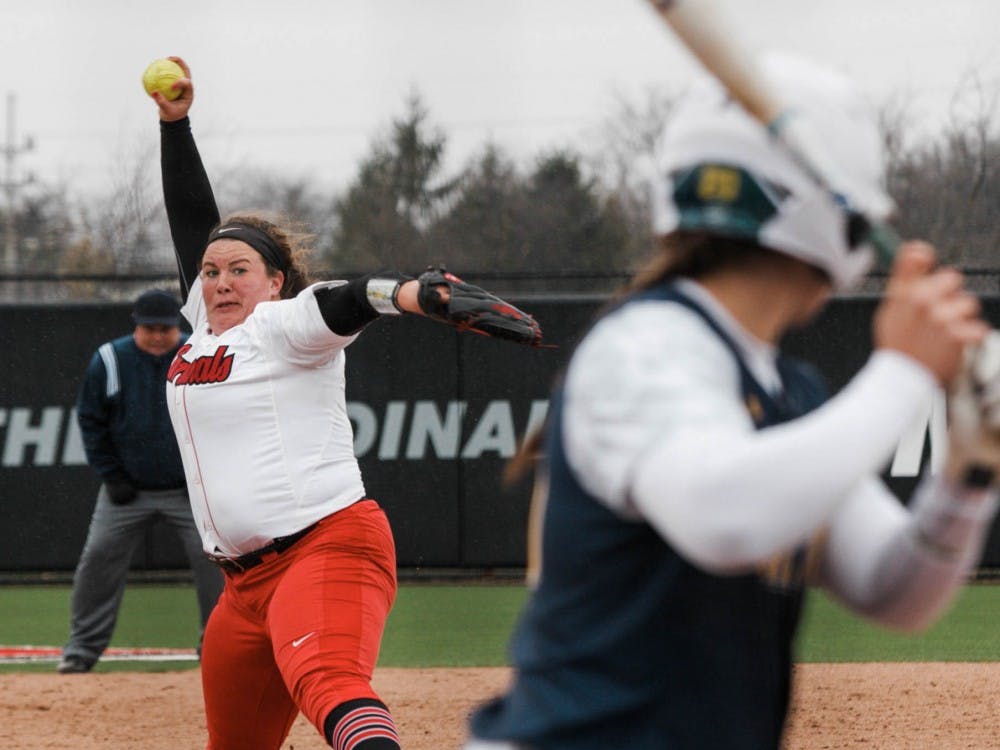 Sophomore Alyssa Rothwell throws a strike during the Ball State verses Kent State game April 6 at the Softball Fields in First Merchants Ballpark Complex. Carlee Ellison, DN