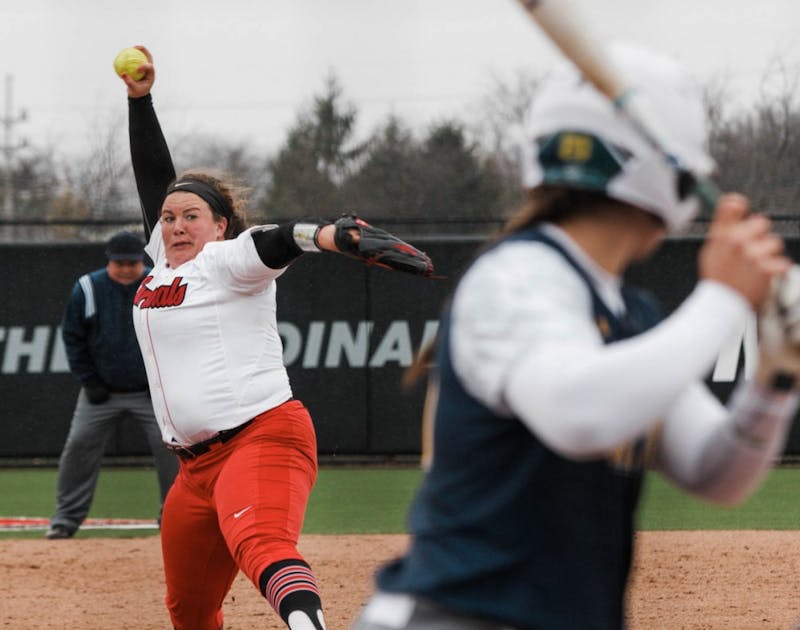 Sophomore Alyssa Rothwell throws a strike during the Ball State verses Kent State game April 6 at the Softball Fields in First Merchants Ballpark Complex. Carlee Ellison, DN