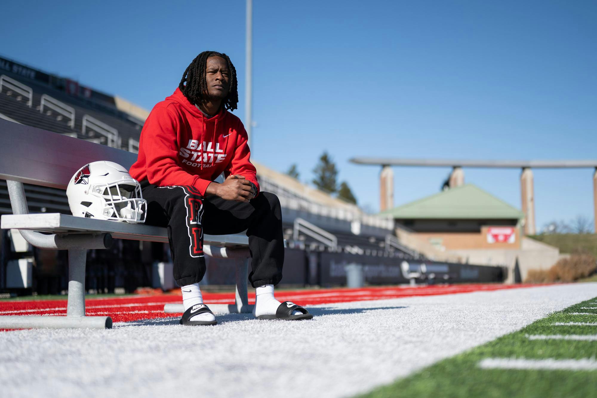 Qian Magwood poses for a portrait Nov. 17 at Schuemann Stadium. Magwood is the program's only remaining holdover from Ball State's 2020 MAC Champions. Ryan Fleek, DN