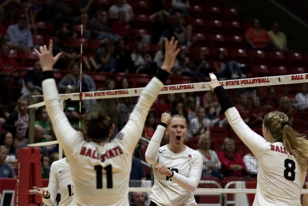 <p>Ball State Women’s Volleyball players, Amber Seaman (11), Sydnee VanBeek (12), and Allison Hamaker (8), celebrate scoring a point in the third match against Austin Peay on September 20, 2019, at Worthen Arena. Ball State won 3-0. <strong>Jaden Whiteman, DN</strong></p>