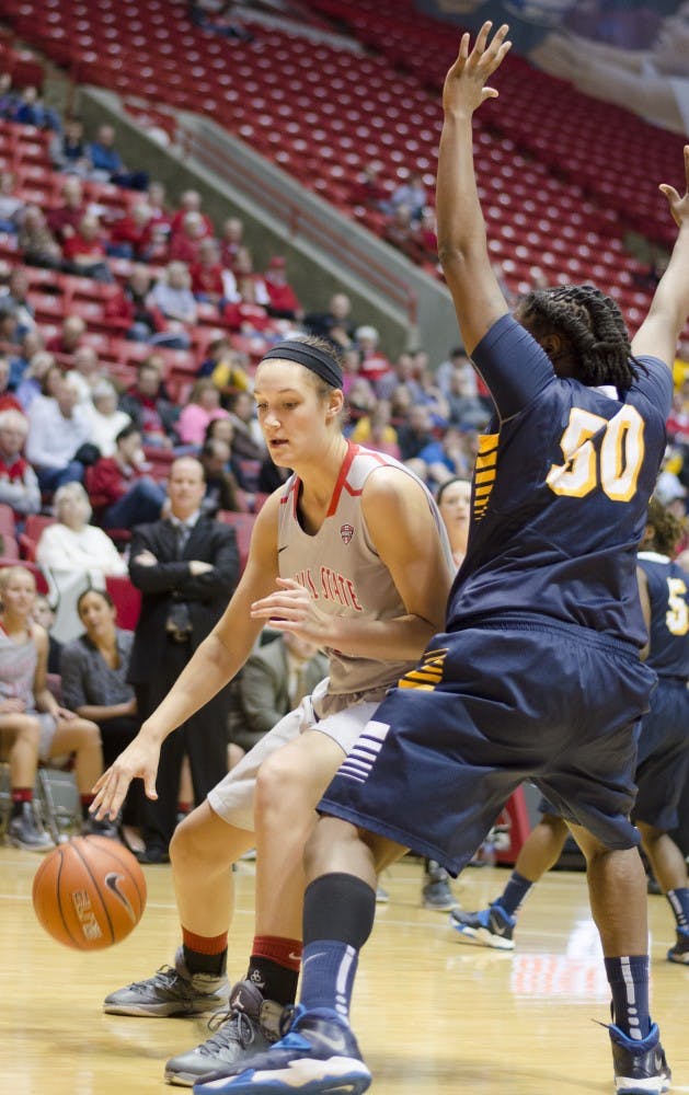 Freshman center Renee Bennett tries to get past a Toledo player on March 8 at Worthen Arena. Bennett scored six points. DN PHOTO BREANNA DAUGHERTY 