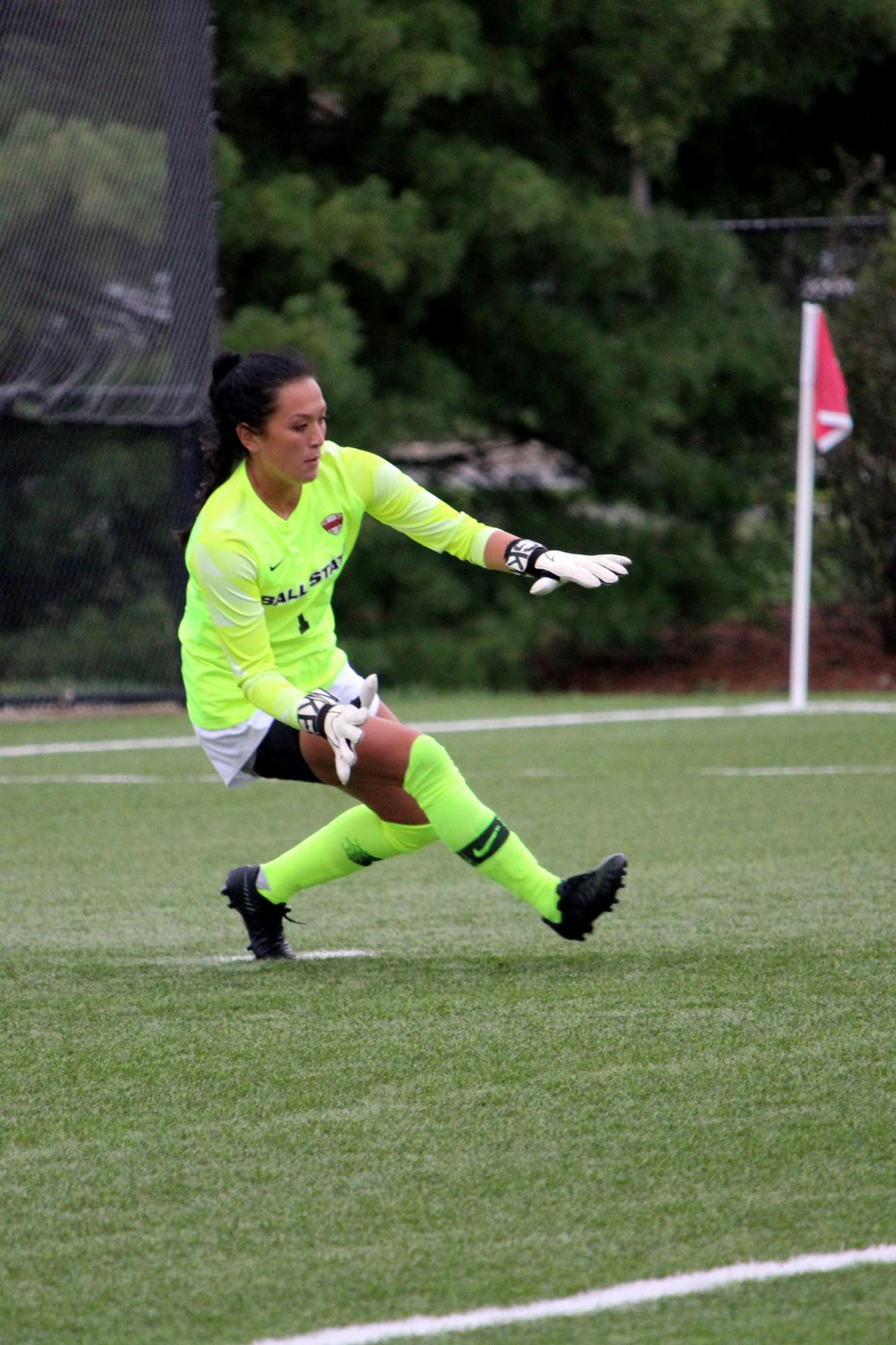 Senior goalkeeper Alex DeRuvo prepares to block Eastern Michigan from getting a goal on Sept. 23, 2021, at Briner Sports Complex in Muncie, IN. Amber Pietz, DN