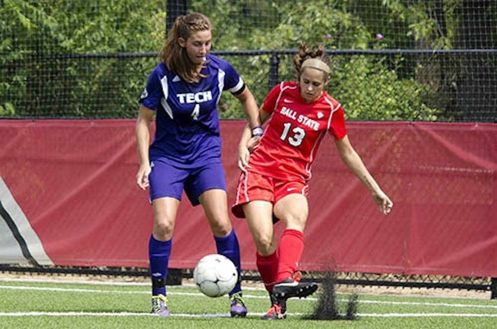 Sophomore defender Erin Greeley kicks the ball past Tennessee Tech defender Leigh Heffner on Sept. 8. Ball State’s starting lineups have reflected more variety than in years past. DN PHOTO BREANNA DAUGHERTY