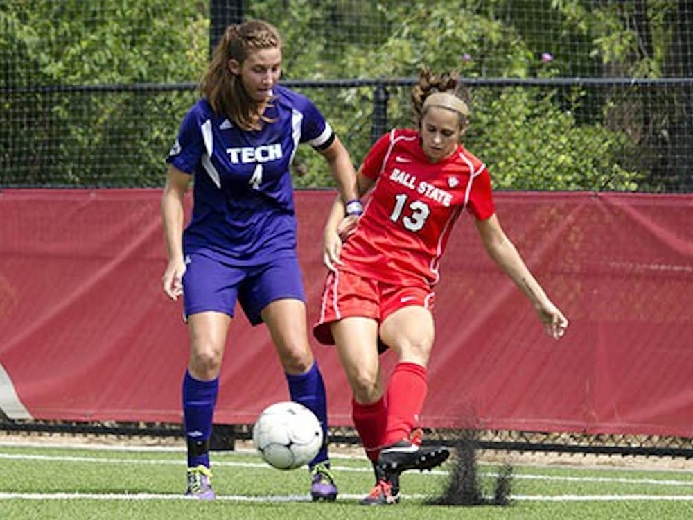 Sophomore defender Erin Greeley kicks the ball past Tennessee Tech defender Leigh Heffner on Sept. 8. Ball State’s starting lineups have reflected more variety than in years past. DN PHOTO BREANNA DAUGHERTY