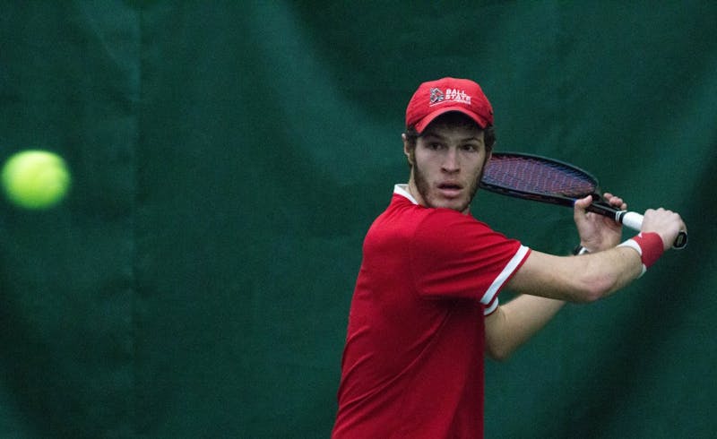 Senior Lucas Andersen wins 7-5, 6-1 at no. 1 against Eastern Illinois freshman Freddie O'Brien during the match at Muncie's Northwest YMCA on Jan. 22. Grace Ramey // DN