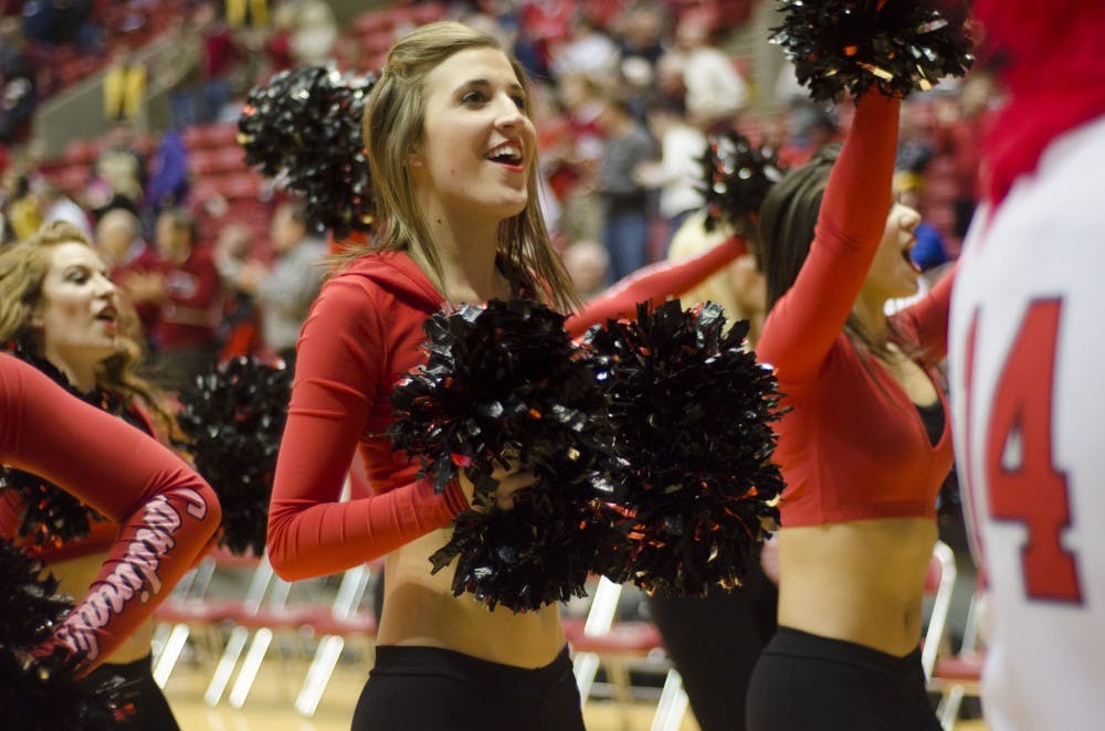 A Ball State Code Red dancer cheers during men's basketball game against Western Michigan during the second half Feb. 26 at Worthen Arena. Ball State lost in overtime 81-88. DN PHOTO AUDREY ADDINGTON 