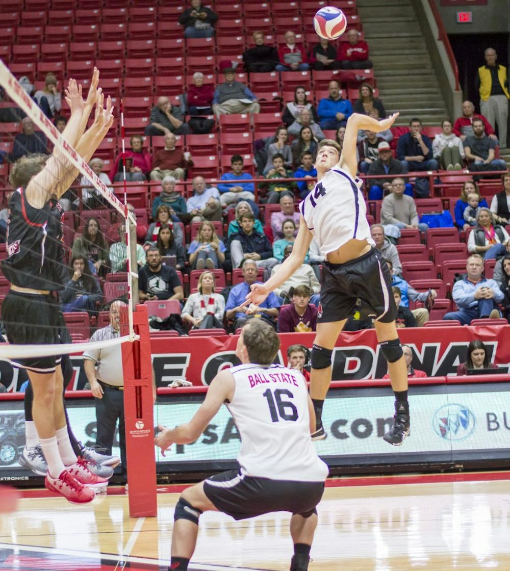<p>Ball State's Matt Szews attempts to spike the ball during the game against Saint Francis on Jan. 12 in Worthen Arena. The Cardinals won 3-0. Teri Lightning Jr., DN</p>