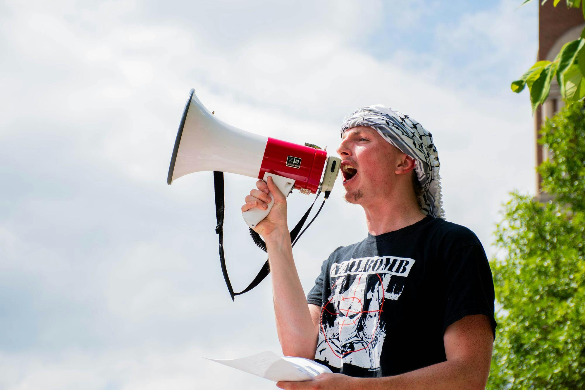 BSU Student Cooper Archer was not only protesting, but also one of the active speakers. He stood up several times using a script that contained chants for the other protestors. Kadin Bright, DN.