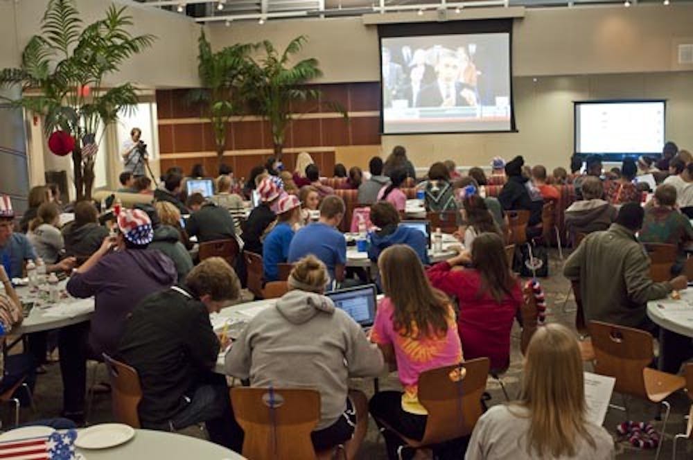 Students gather in DeHority Complex to watch one of the presidential debates of the last election on Oct. 16. One month after the election, students are wondering how much of an influence their votes had. DN FILE PHOTO JONATHAN MIKSANEK