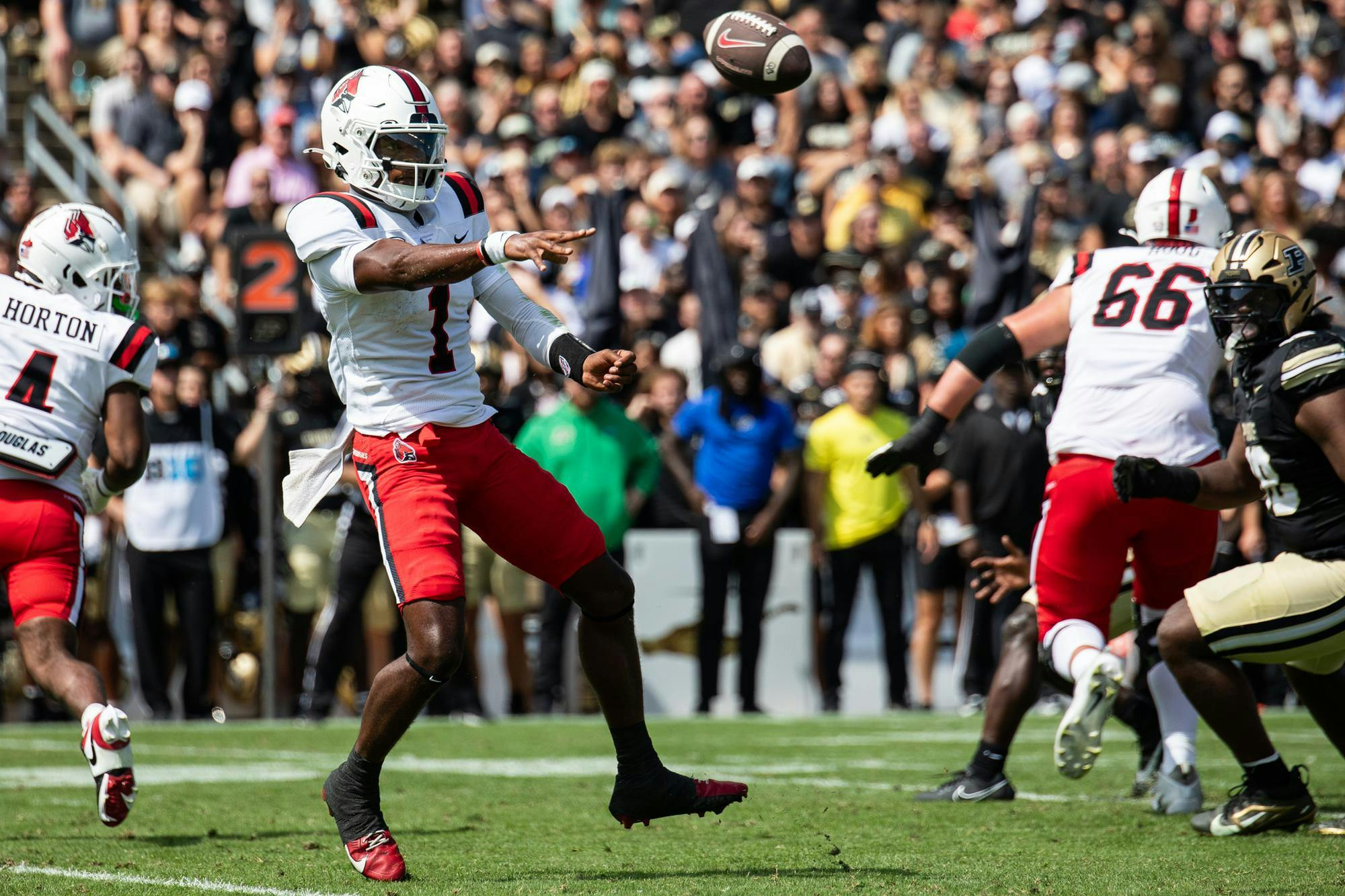 Ball State senior Kiael Kelly throws the ball against Purdue Aug. 30 at Ross-Ade Stadium. Kelly's longest rush of the game was 12 yards. Andrew Berger, DN 
