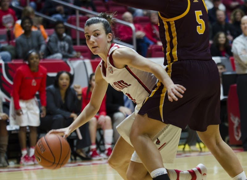 Junior guard Carmen Grande tries to make it to the basket during the game against Central Michigan University on Feb. 25 at Worthen Arena. Ball State will host the University of Illinois Springfield for an exhibition game on Nov. 1. Emma Rogers, DN File