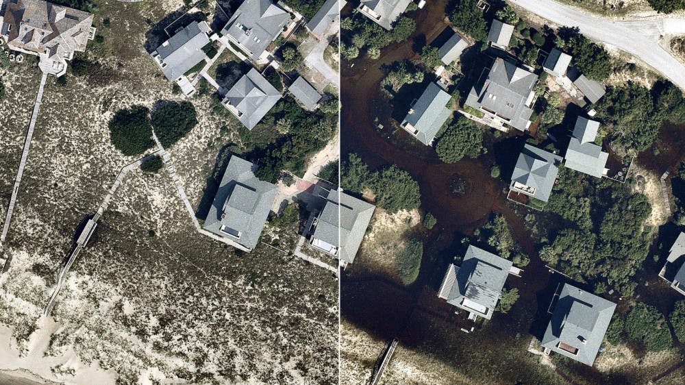 <p>Aerial image of a neighborhood in Southport, North Carolina before and after Hurricane Florence. The storm killed at least 42 people and caused damage and flooding throughout the East Coast. <strong>AP Photo</strong></p>