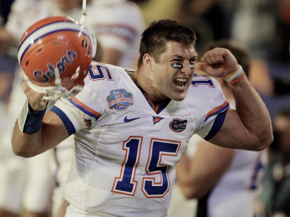 In this Jan. 8, 2009, file photo, Florida’s Tim Tebow celebrates during the fourth quarter of the BCS Championship NCAA college football game against Oklahoma, in Miami. Two-time national champion and 2007 Heisman Trophy winner Tim Tebow will be inducted into the team’s ring of honor, becoming the sixth player to receive the honor. The school announced Wednesday, July 11, 2018, that Tebow will be recognized during the LSU-Florida game on Oct. 6, 2018. Mark Humphrey, AP Photo