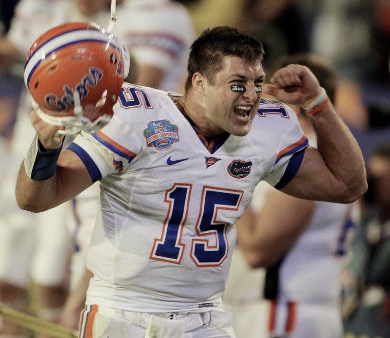 In this Jan. 8, 2009, file photo, Florida’s Tim Tebow celebrates during the fourth quarter of the BCS Championship NCAA college football game against Oklahoma, in Miami. Two-time national champion and 2007 Heisman Trophy winner Tim Tebow will be inducted into the team’s ring of honor, becoming the sixth player to receive the honor. The school announced Wednesday, July 11, 2018, that Tebow will be recognized during the LSU-Florida game on Oct. 6, 2018. Mark Humphrey, AP Photo