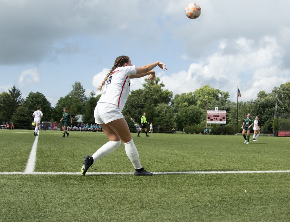 Second-year defender Sami Bird throws the ball in a game against Mercyhurst Aug. 17 at Briner Sports Complex. Bird had one foul during the game. Mya Cataline, DN. 