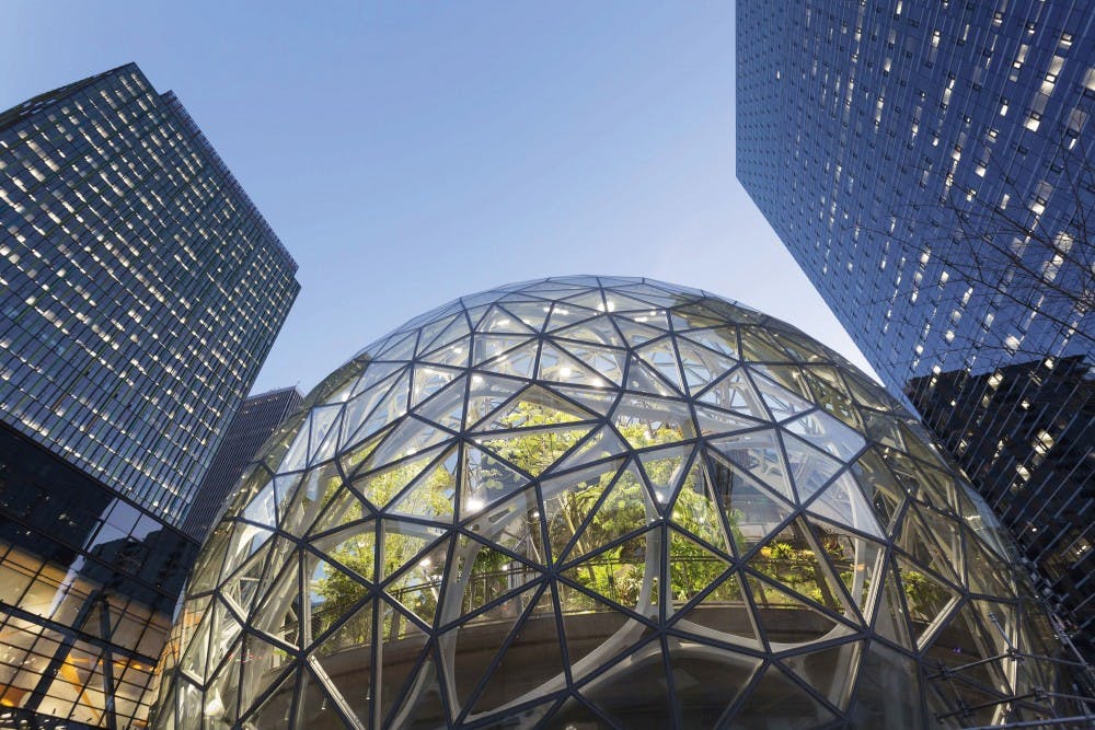 The Amazon Spheres under construction at the Amazon Urban Campus in the Belltown neighborhood of Seattle. Amazon has unveiled its 20 finalist cities in which to build its second headquarters. TNS Photo
