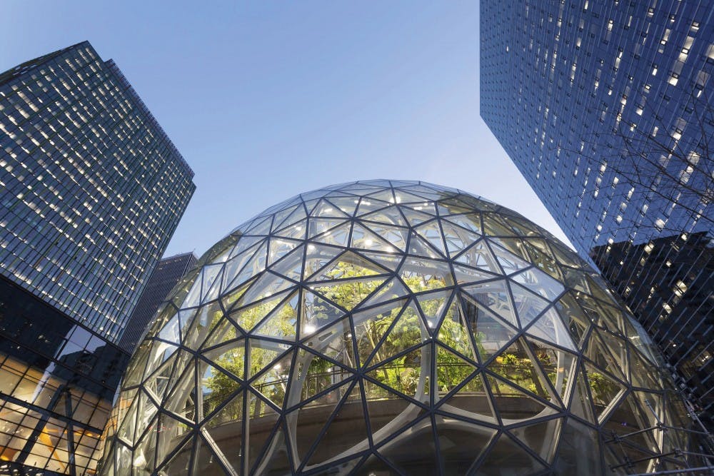 <p>The Amazon Spheres under construction at the Amazon Urban Campus in the Belltown neighborhood of Seattle. Amazon has unveiled its 20 finalist cities in which to build its second headquarters. <strong>TNS Photo</strong></p>