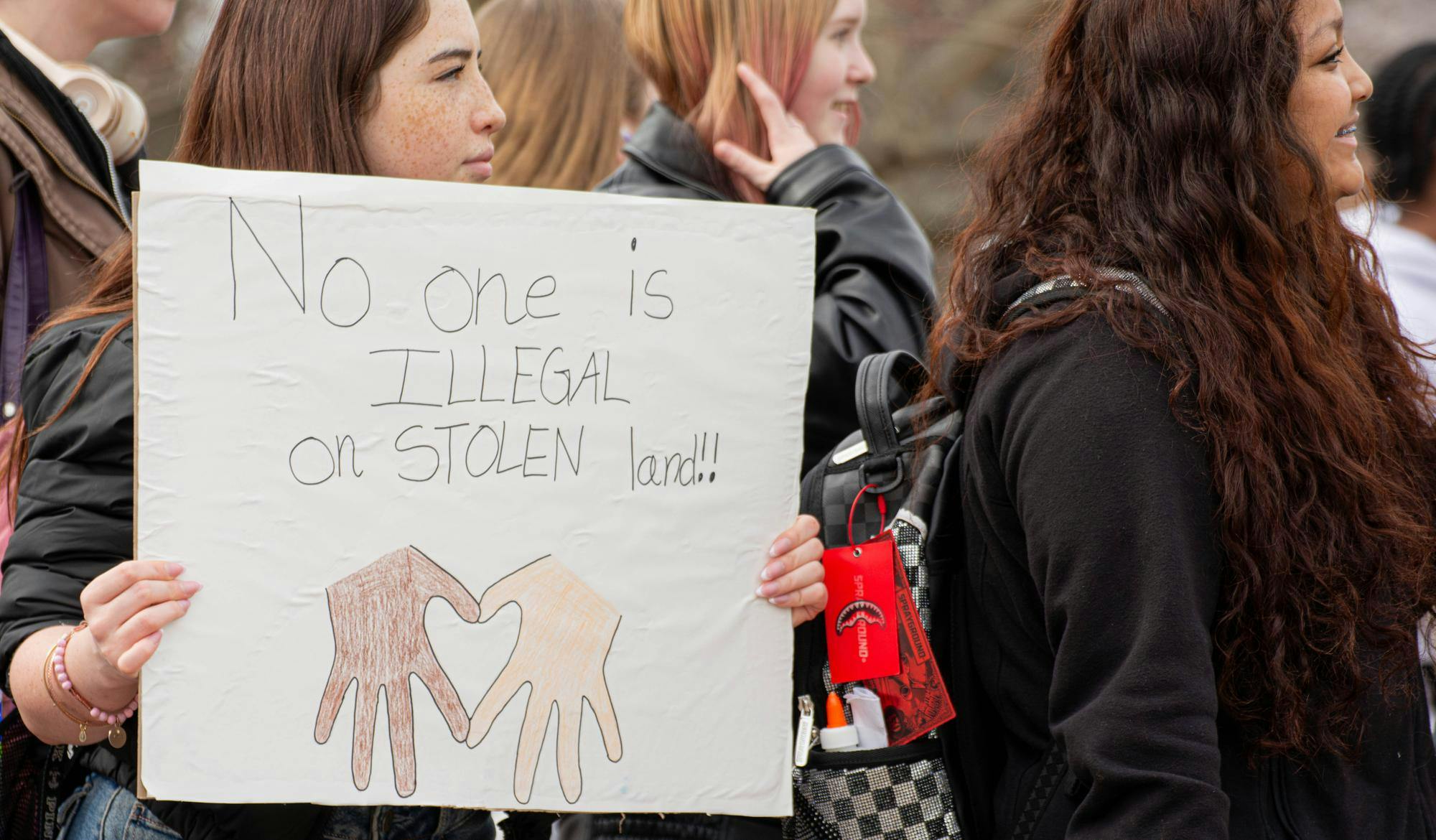 The student protesters from Muncie Burris gather at the Scramble Light, continuing their chants. Feb. 17 Ball State University. Aiden Murray, NLI.
