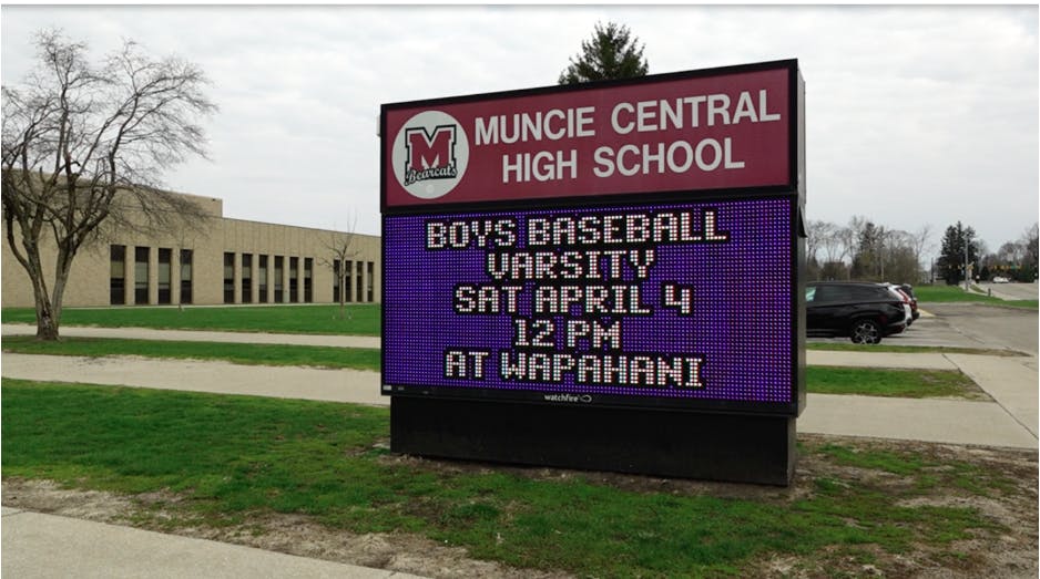 Outside of Muncie Central High School. A local high school in the area is working on projects in the community. 