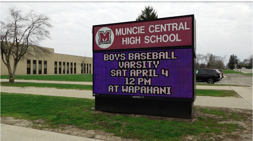 Outside of Muncie Central High School. A local high school in the area is working on projects in the community. 