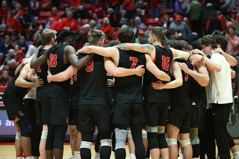 The Ball State men's volleyball team huddles up after falling to Ohio State in MIVA Tournament Finals April 22 at Worthen Arena. Ball State lost to Ohio State 3-1. Amber Pietz, DN
