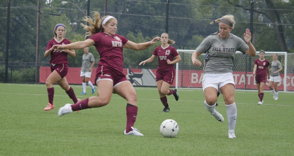 Freshamn Aly Kohanowski plays offence during the exhibition match on Saturday against IUPUI. The match ended in a 1-1 draw and the Cardinals take on IPFW on Friday. DN PHOTO BREANNA DAUGHERTY