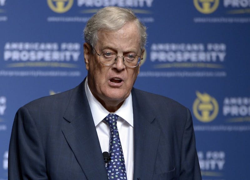 FILE - In this Aug. 30, 2013 file photo, David Koch speaks in Orlando, Fla. Koch, major donor to conservative causes and educational groups, has died on Friday, Aug. 23, 2019. He was 79. (AP Photo/Phelan M. Ebenhack, File)