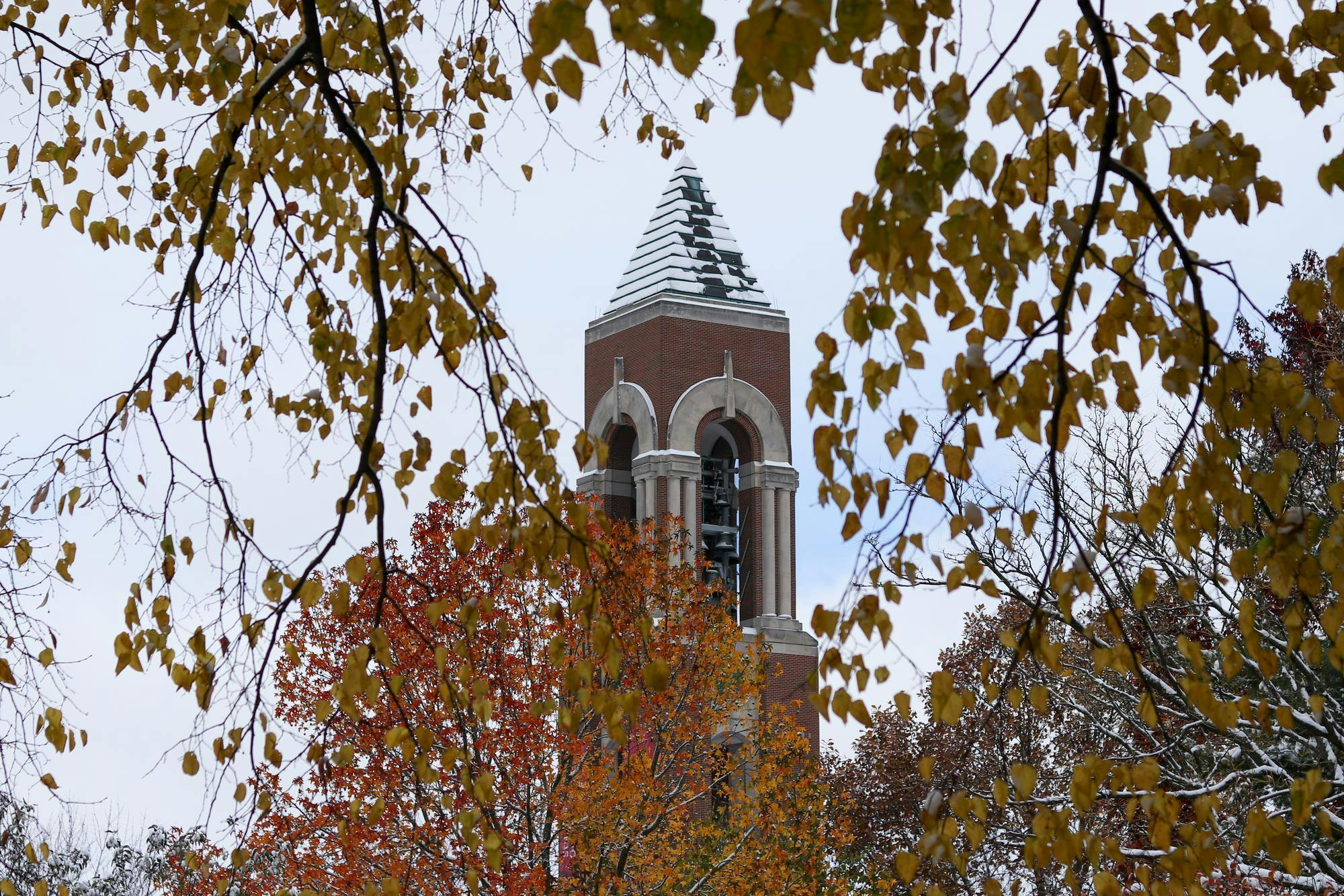 Snow falling on top of Shafer Tower Nov. 11 at Ball State University. Adam Jones, DN