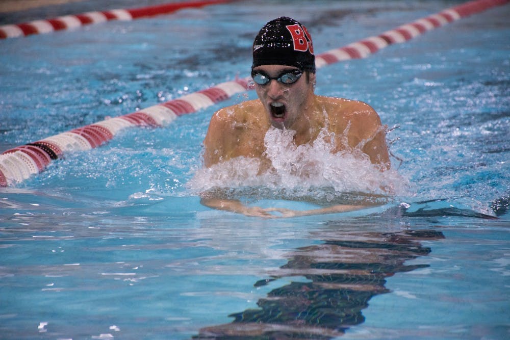 Sophomore Cullen Tyler swims the 100-yard breaststroke at Ball State's first home meet of the season against Albion College and Rose-Hulman on Oct. 28, 2016 in the Lewellen Pool. Ball State won against both teams. Kaiti Sullivan // DN
