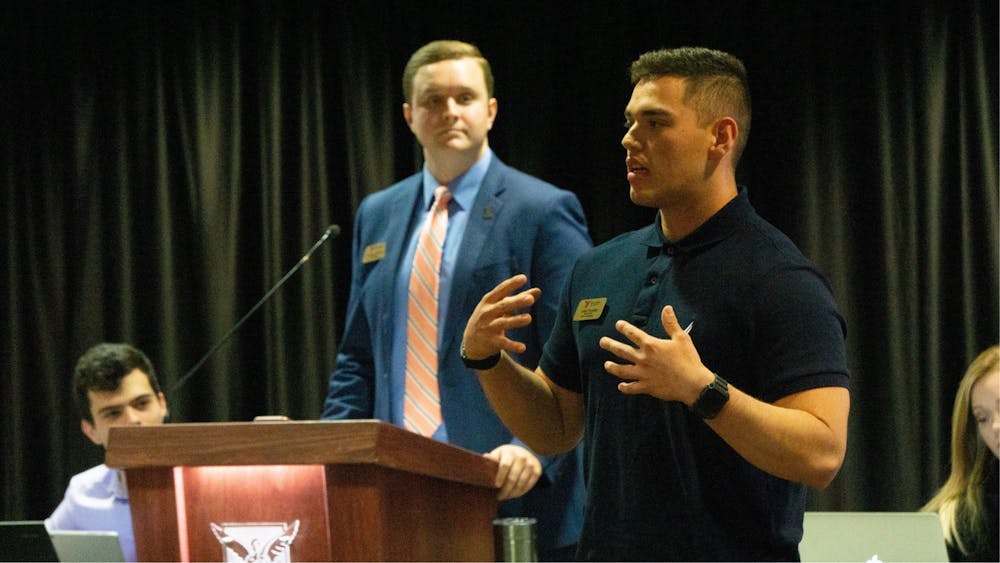 <p>SGA President Aiden Medellin delivers the State of the Senate speech Nov. 6, 2019, at the L.A. Pittenger Student Center. During his speech, Medellin advised slates running in future elections to stop using platform points. <strong>John Lynch, DN</strong></p>