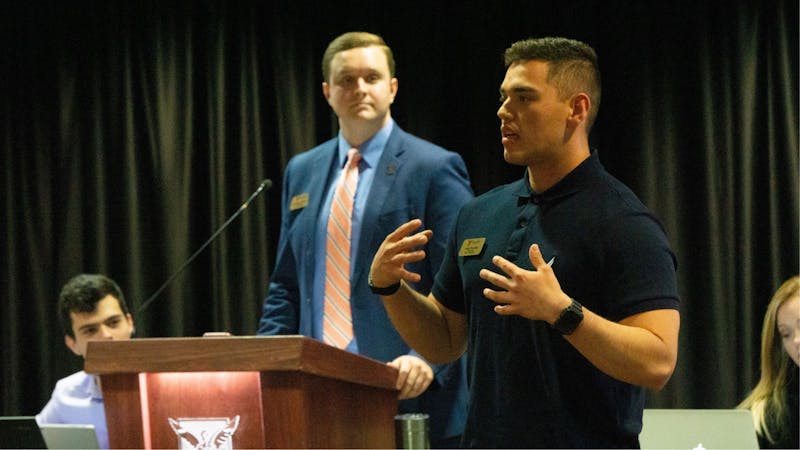 SGA President Aiden Medellin delivers the State of the Senate speech Nov. 6, 2019, at the L.A. Pittenger Student Center. During his speech, Medellin advised slates running in future elections to stop using platform points. John Lynch, DN