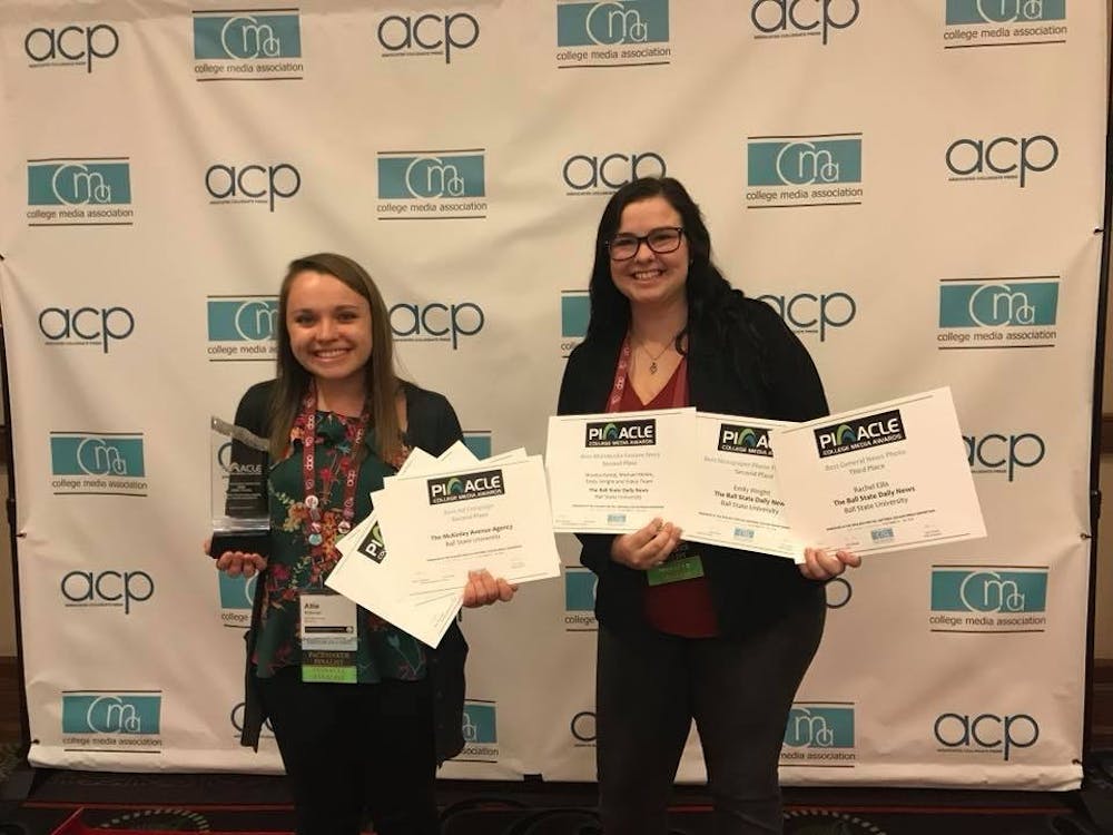 Allie Kirkman and Brooke Kemp pose with awards won at the 2018 National College Media Convention. The Daily News received four Pinnacles, three Pacemakers and three Best of Show awards. Lisa Renze-Rhodes, Photo Provided