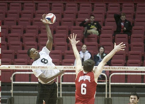 Senior Jamion Hartley goes to spike the ball on March 22 against Ohio State in Worthen Arena. The Cardinals will play tonight against the Flyers at 7:30. DN FILE PHOTO JORDAN HUFFER
