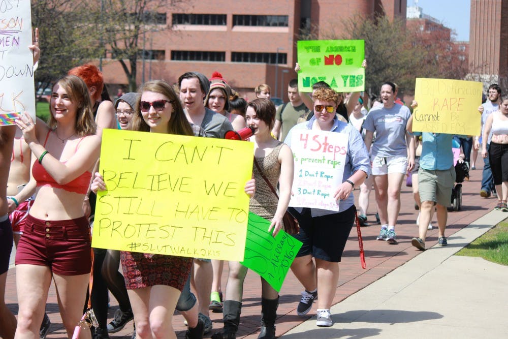 The second annual Slut Walk took place on April 17 on the Ball State Campus. Participants walked down McKinnley Ave., shared personal stories, and shouted chants. DN PHOTO ALISON CARROLL