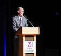 Ball State President Geoffrey Mearns speaks during the State of the Schools meeting May 8 at South Side Middle School. The community meeting is the first of it's kind celebrating Ball State's partnership with MCS. Andrew Berger, DN 