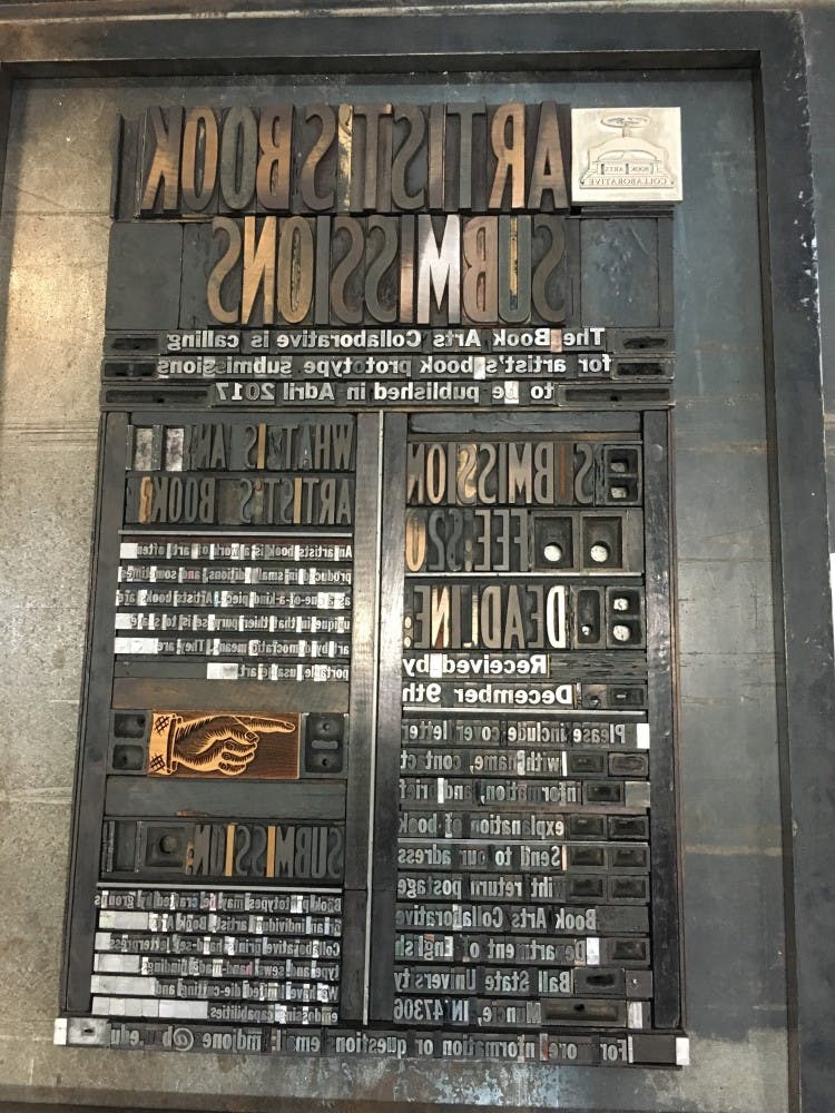 The Book Arts Collaborative is an ongoing immersive learning class that teaches students how to bind books and how to letterpress. The class accepted book submissions for their press, which will publish 50-100 copies of the winning book. Paige Baker // Photos Provided