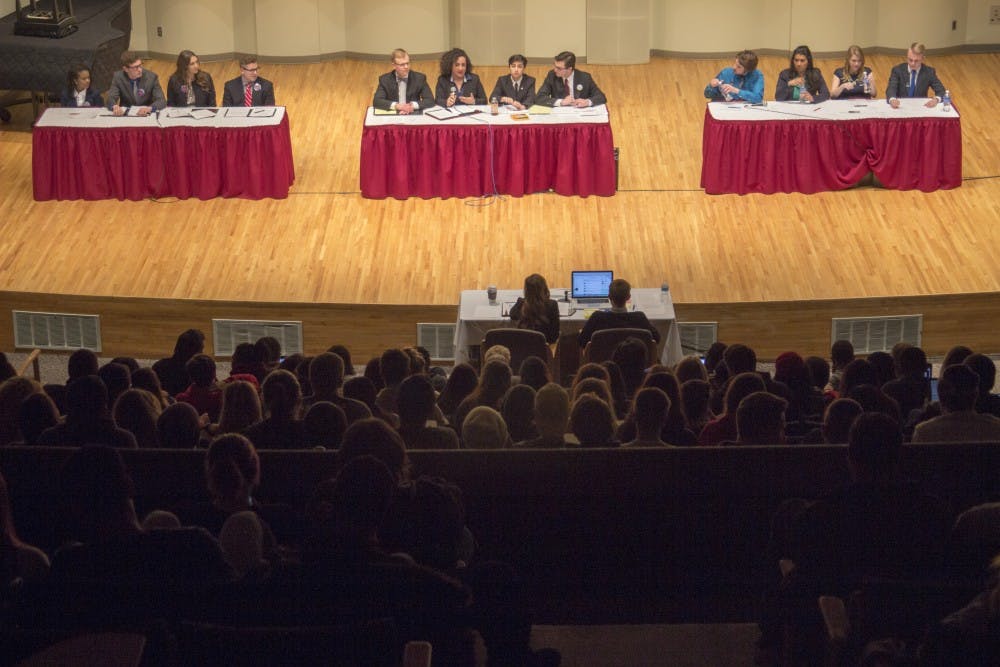 Student Government Association slates discussed and defended their platform points during the debate that took place last night at Pruis Hall. DN PHOTO ARIC CHOKEY