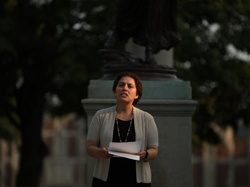 Provost and Executive Vice President for Academic Affairs Susana Rivera-Mills speaks at the feet of Beneficence during the 9/11 memorial ceremony, Sept. 10, 2021. Rivera-Mills has been Provost since July 2018. Rylan Capper, DN