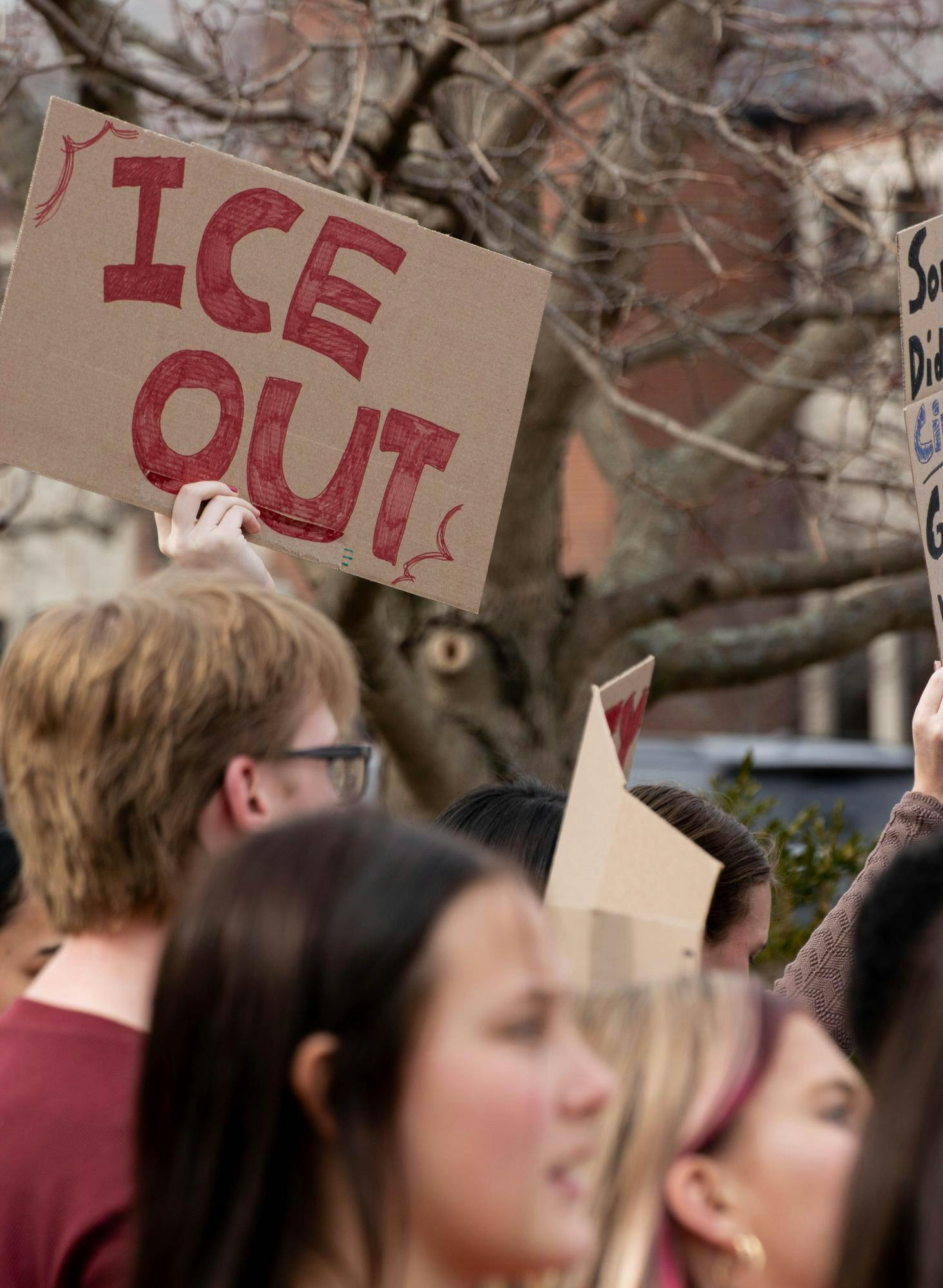 Burris Laboratory School students stand together at the Scramble Light in protest of ICE Feb. 17 at Ball State University. Aiden Murray, NLI.