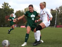 Senior defender Alex McPhee looks at the ball as it rolls away in a game against Ohio University at the Briner Sports Complex Oct. 13. McPhee played nine minutes of the game. Meghan Sawitzke, DN