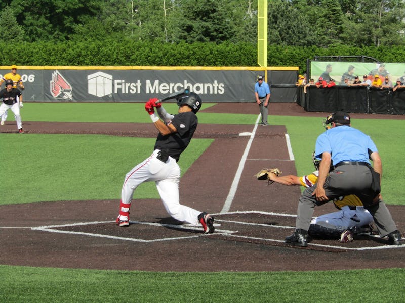 Ball State Baseball junior shortstop Adam Tellier swings and misses at a pitch in the Cardinals 12-3 loss to Central Michigan in the MAC Baseball Championship Tournament May 28, 2022 in Muncie, Indiana. This was the Chippewas first victory of the season over the Cardinals. (Kyle Smedley/DN)