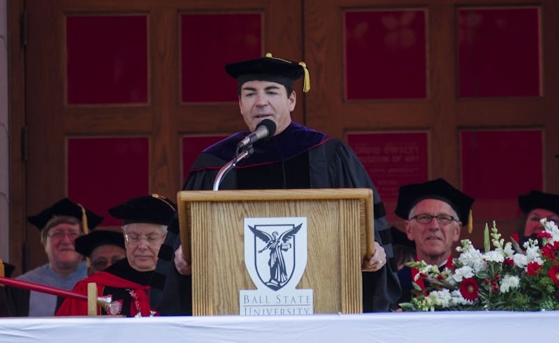Alumnus John Schnatter gives a commencement speech at the 2015 Spring Graduation ceremony. DN File